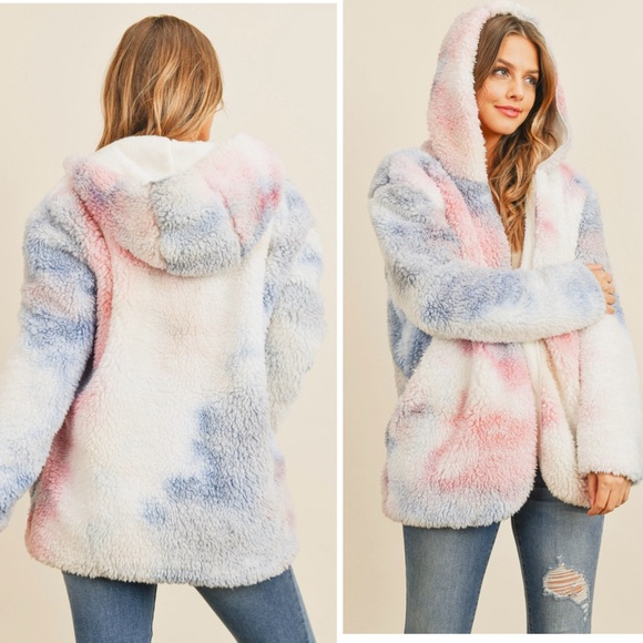 Tie dye plush soft teddy hooded jacket - Picture 3 of 10